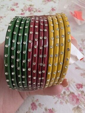 Indian Lac Bangles Set x12|Green Maroon Mustard|Rhinestone Embellished| Size 2.6